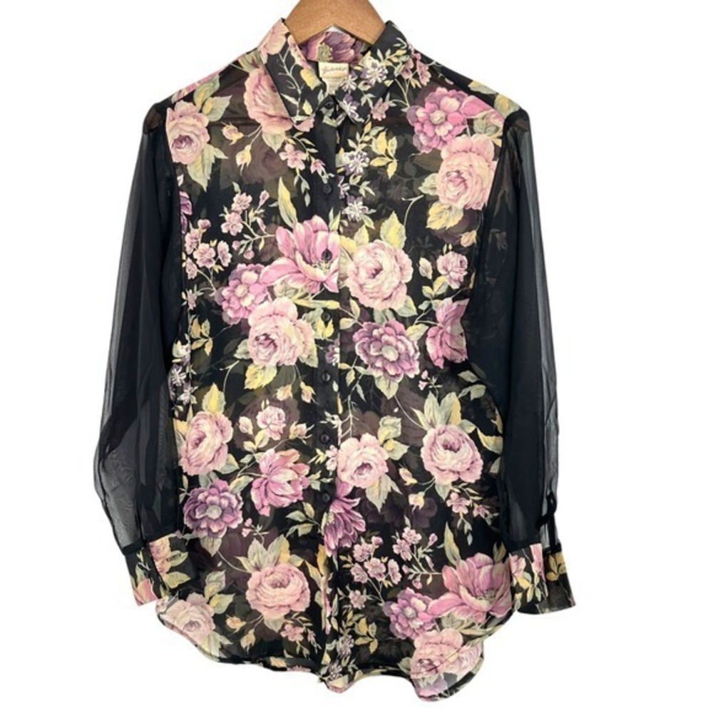 Vintage Fredericks of Hollywood Romantic Sheer Floral Long Sleeve Button Down